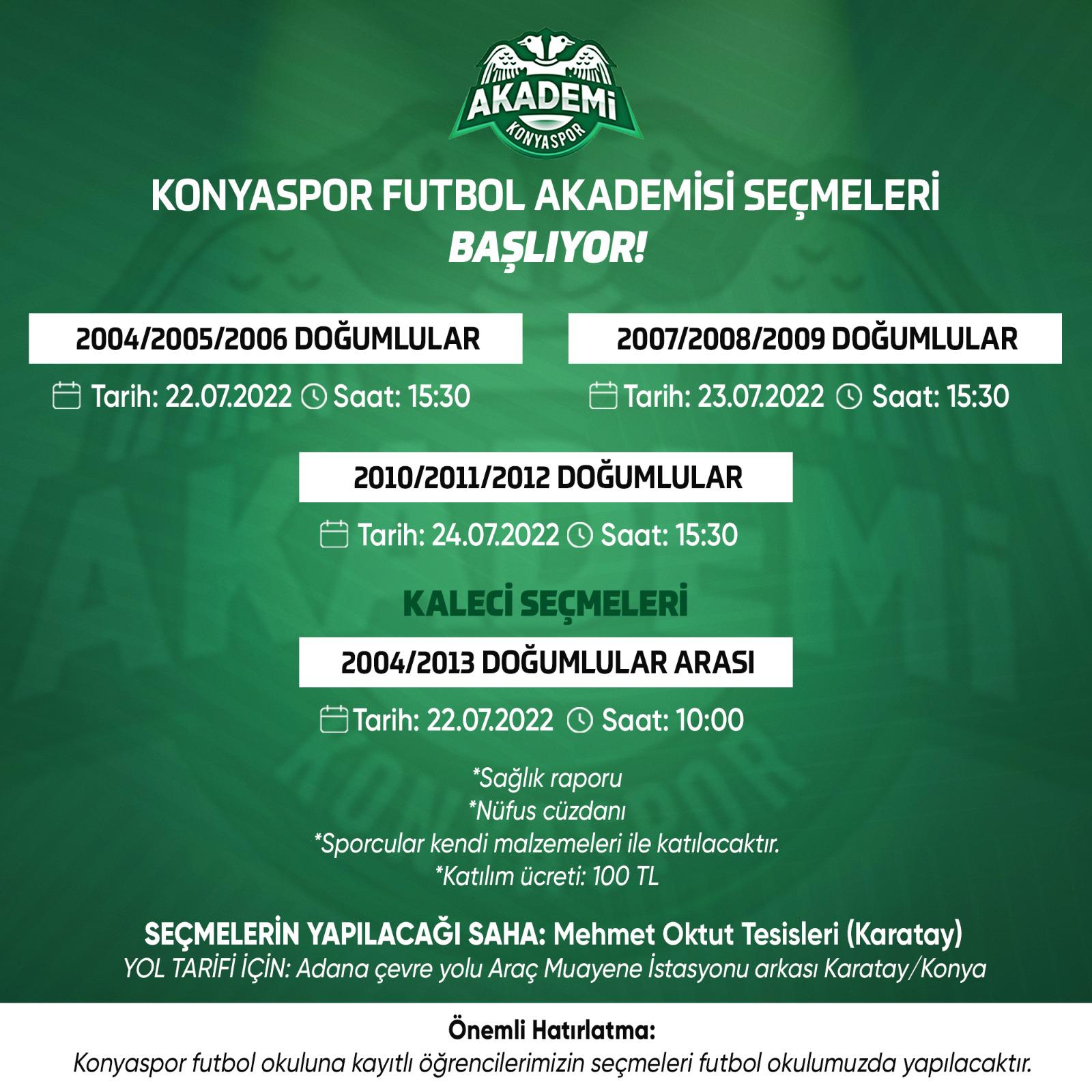 Konyaspor Futbol Akademesi Seçmeleri Başlıyor